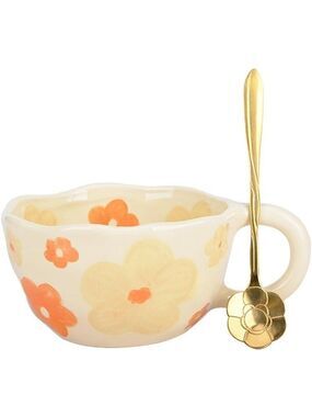 Handpainted Flower Ceramic Aesthetic Tea Mug with Spoon
